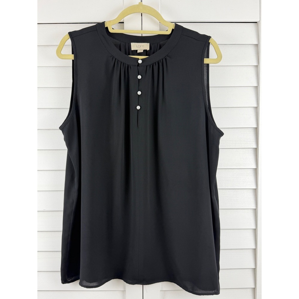 LOFT Sleeveless Blouse Women XL Black Pleated Pearl Accent